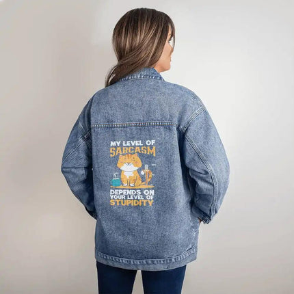 a DTG Denim Womens Jacket showing back of jacket on a model