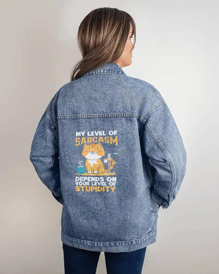a DTG Denim Womens Jacket showing back of jacket on a model