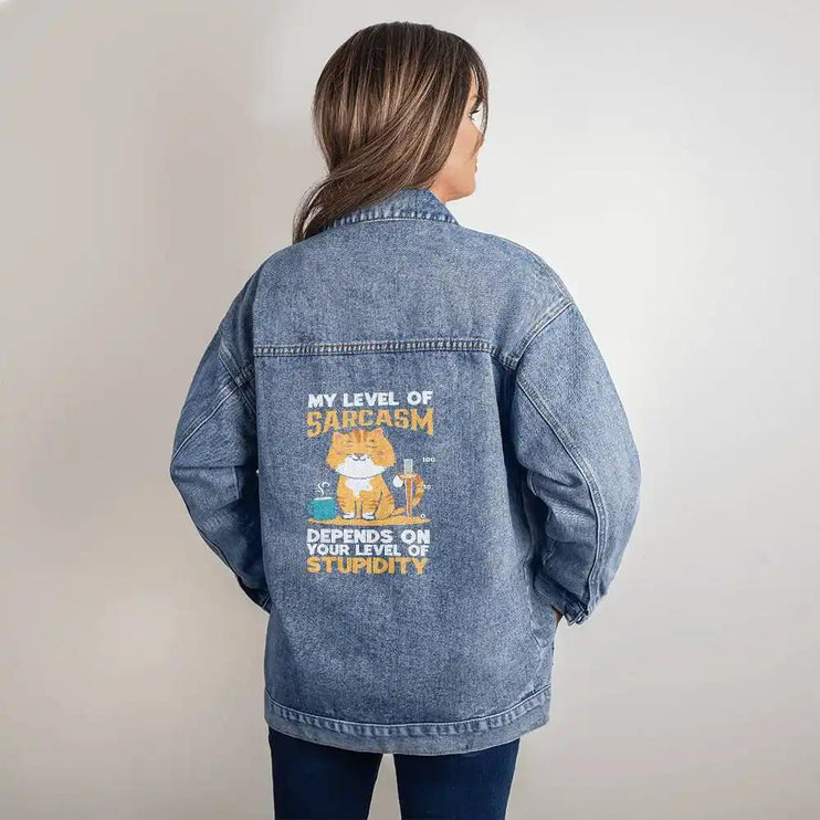 a DTG Denim Womens Jacket showing back of jacket on a model