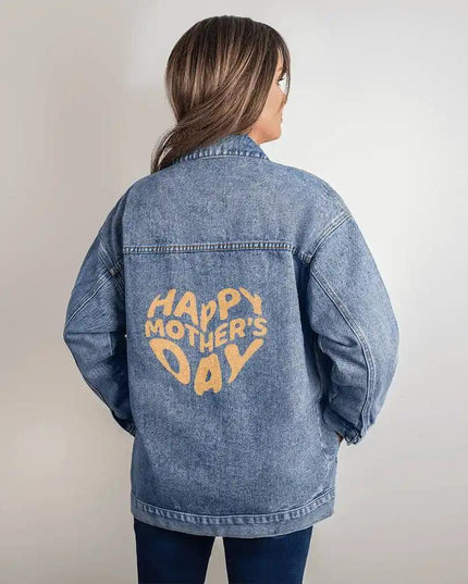 dtg denim womens jacket showing back print on a model
