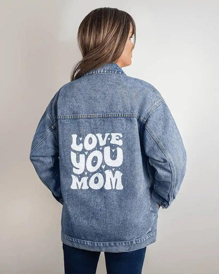 DTG Denim Womens Jacket showing print on back on a model