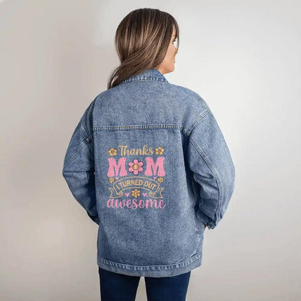 DTG Denim Womens Jacket showing print on back on a model