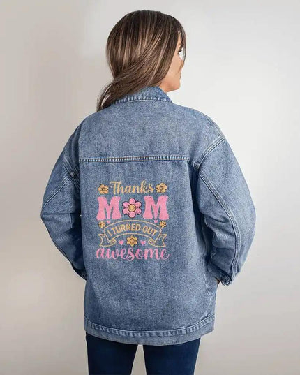 DTG Denim Womens Jacket showing print on back on a model