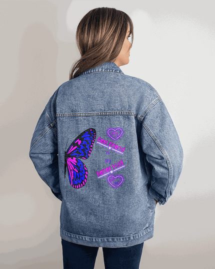 small DTG denim jacket on a model showing back