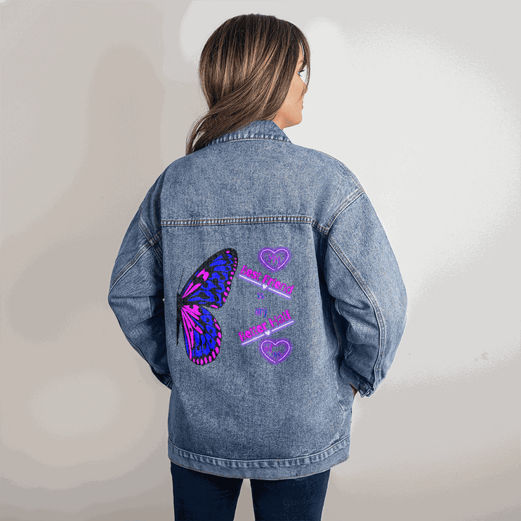 small DTG denim jacket on a model showing back