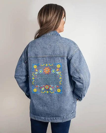dtg denim jacket on a model showing print on back 