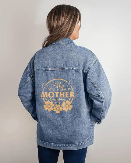 DTG Denim Womens Jacket showing back print on a model