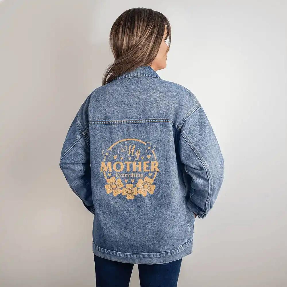 DTG Denim Womens Jacket showing back print on a model