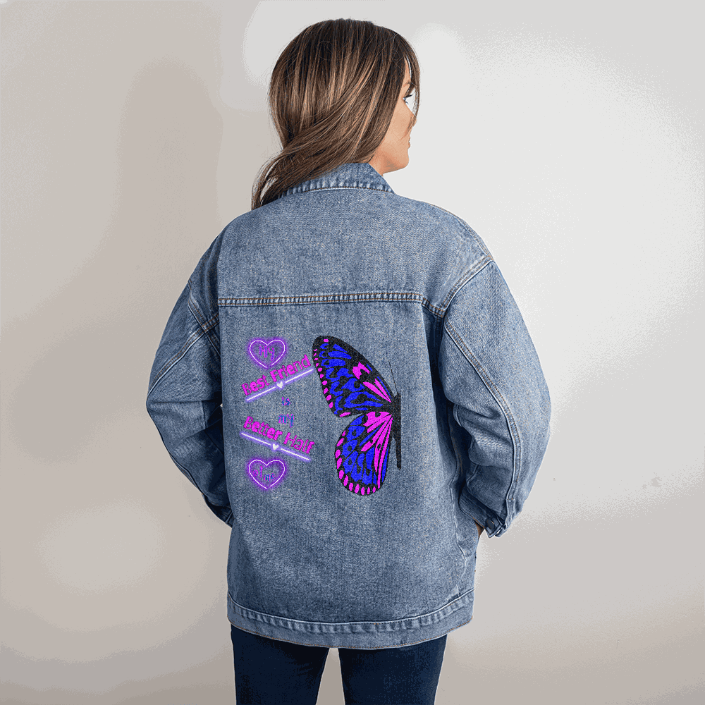 small DTG denim jacket on a model showing back