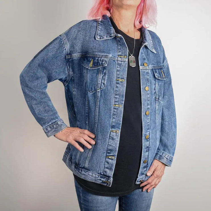 a DTG Denim Jacket with mom's life showing front of jacket on a model
