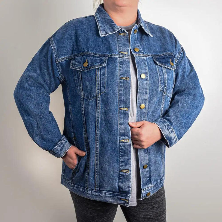 a DTG Denim Jacket with mom's life showing front of jacket