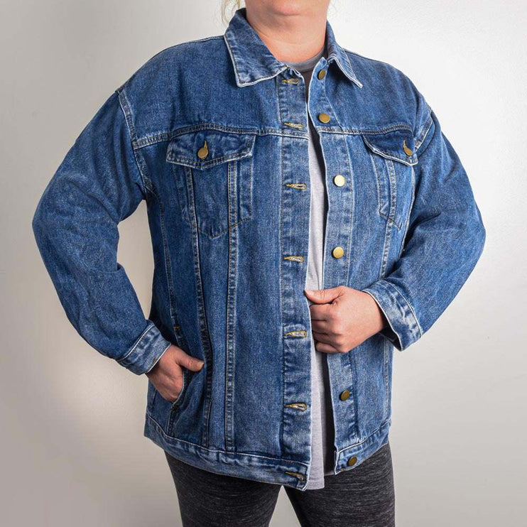 XL DTG denim jacket on a model showing front