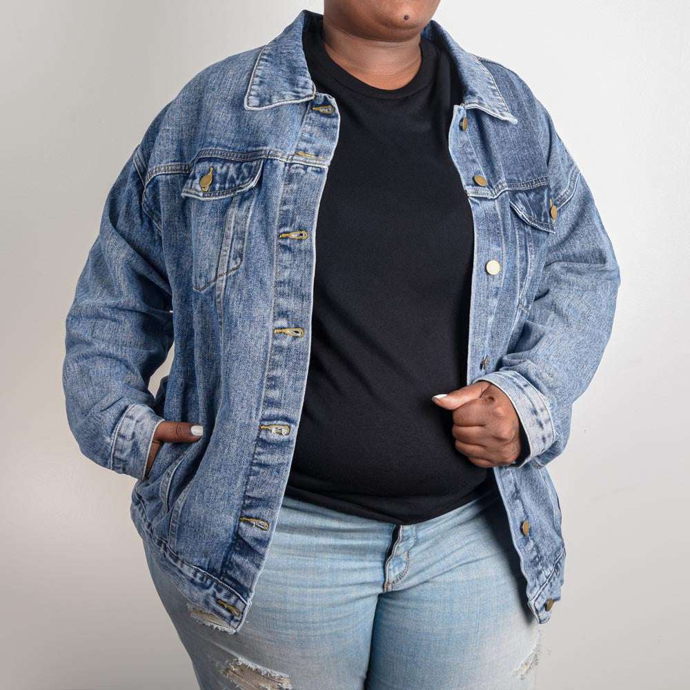 2XL DTG denim jacket on a model showing front