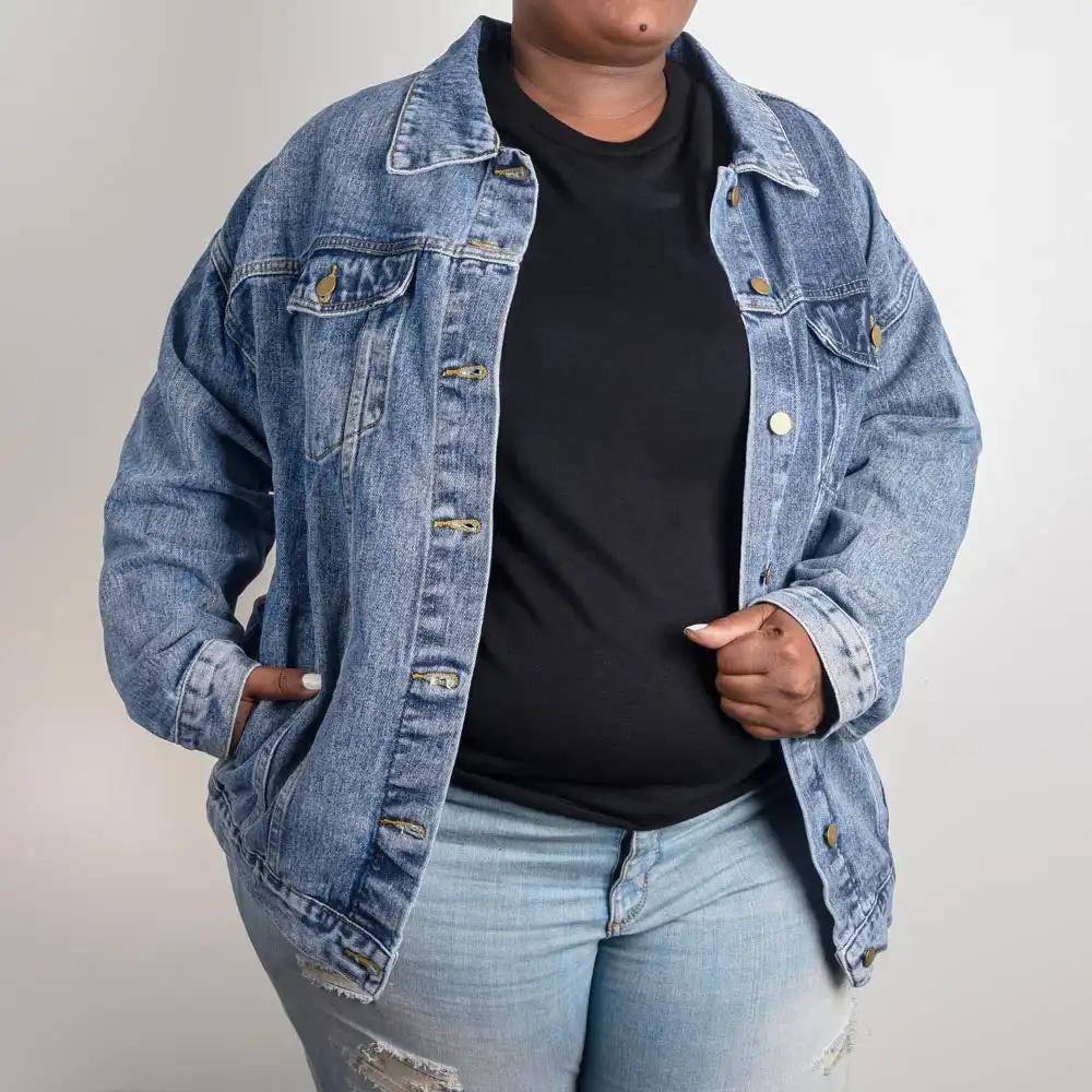 DTG Denim Womens Jacket showing XXL Size on a model