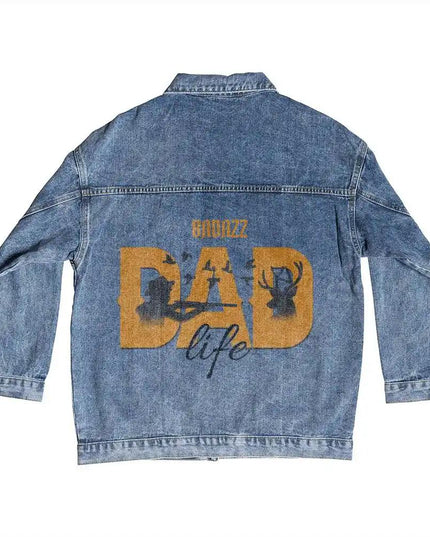 a DTG Denim Jacket with badazz dad life showing back of jacket