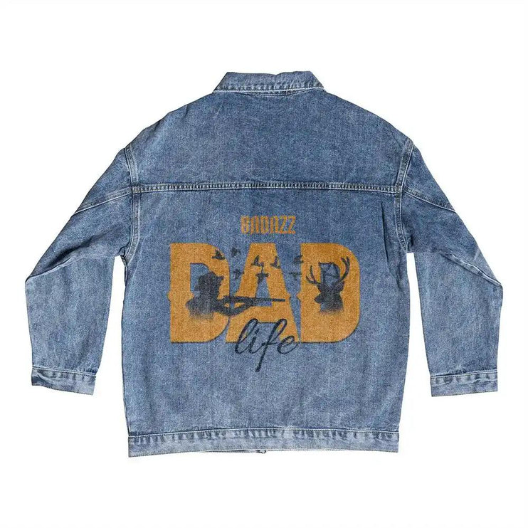 a DTG Denim Jacket with badazz dad life showing back of jacket