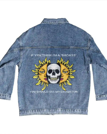 DTG Denim Jacket showing design on back.