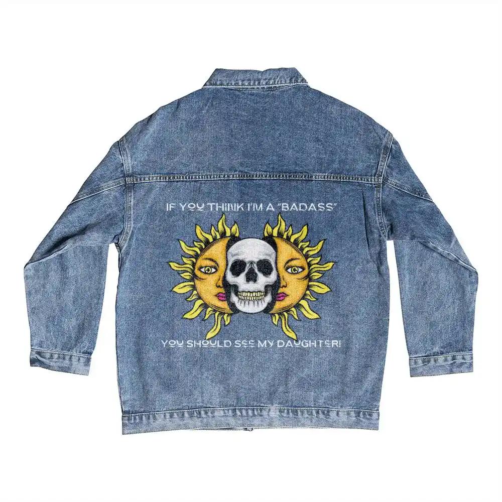 DTG Denim Jacket showing design on back.