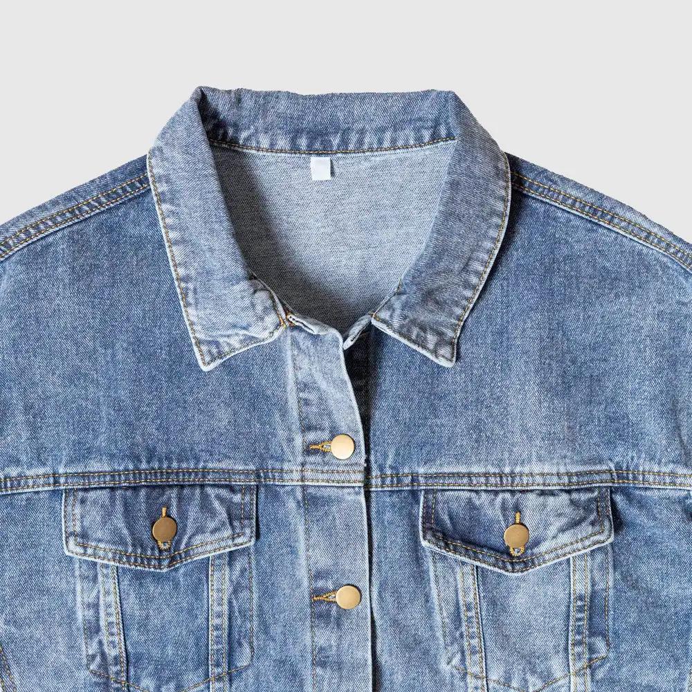 men's DTG denim jacket showing collar up close