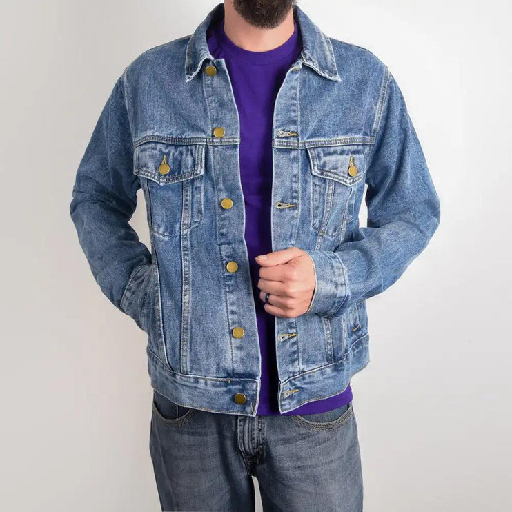 a men's dtg denim jacket showing front on a model