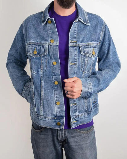 DTG Denim Jacket showing front on a model