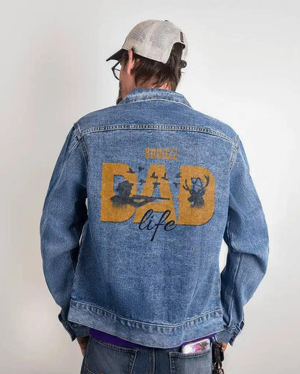 a DTG Denim Jacket with badazz dad life showing back of jacket on a model