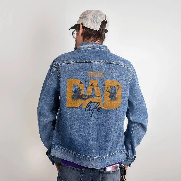 a DTG Denim Jacket with badazz dad life showing back of jacket on a model