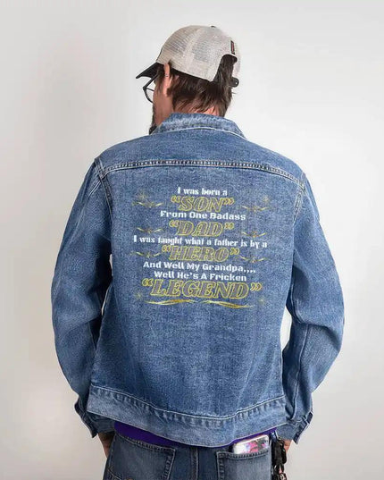 DTG Denim Jacket showing back on a model