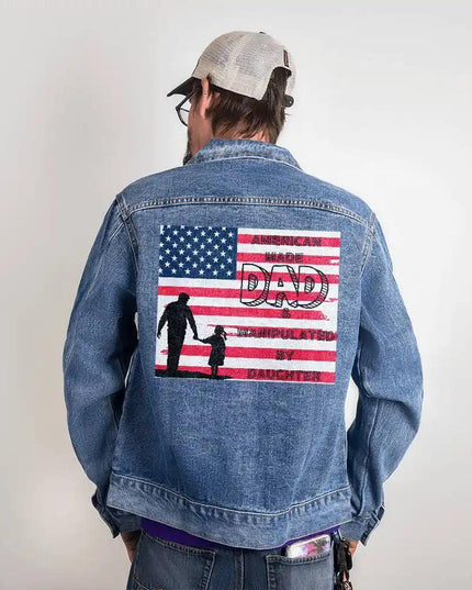 Mens DTG Denim Jacket showing print on back of small.
