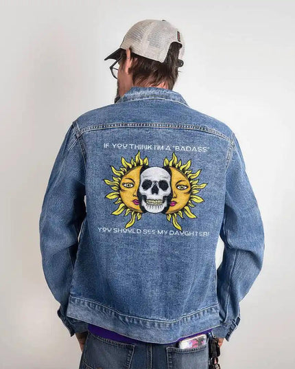 DTG Denim Jacket showing design on back of Small.