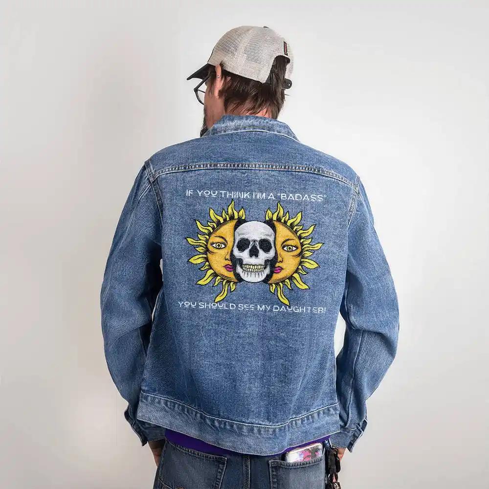 DTG Denim Jacket showing design on back of Small.