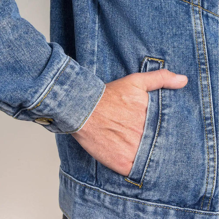 a men's dtg denim jacket showing front pockets