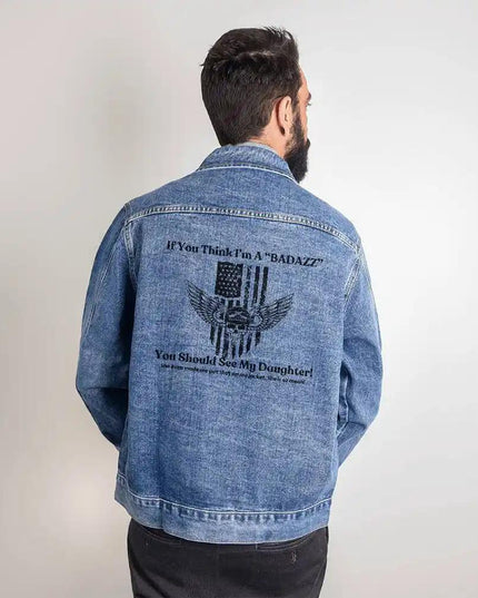 a men's dtg denim jacket showing back on a model