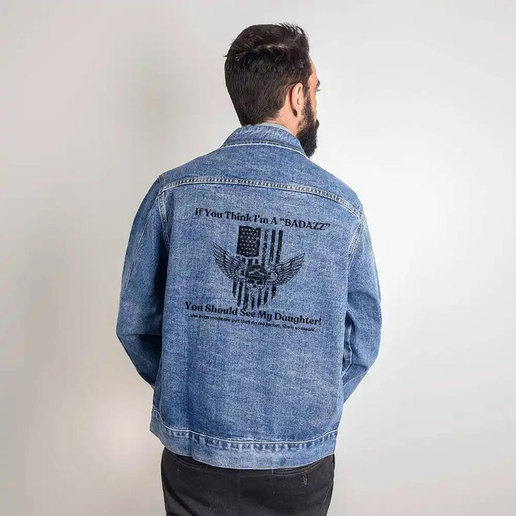 a men's dtg denim jacket showing back on a model