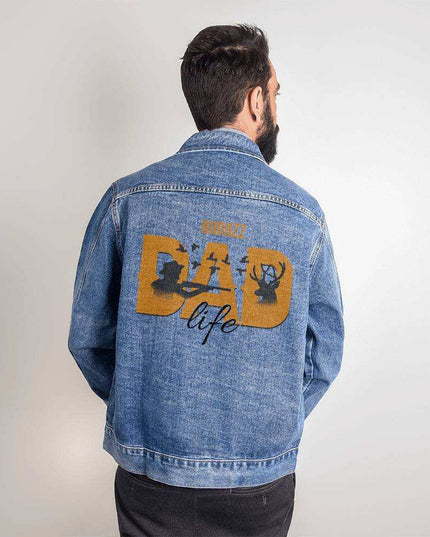 a DTG Denim Jacket with badazz dad life showing back of jacket