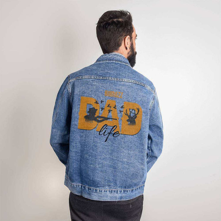 a DTG Denim Jacket with badazz dad life showing back of jacket