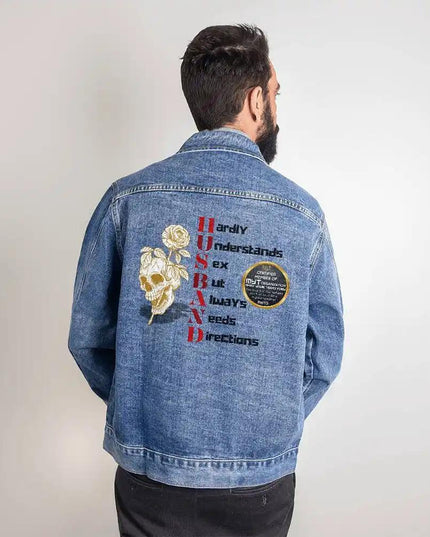 medium men's DTG denim jacket showing back