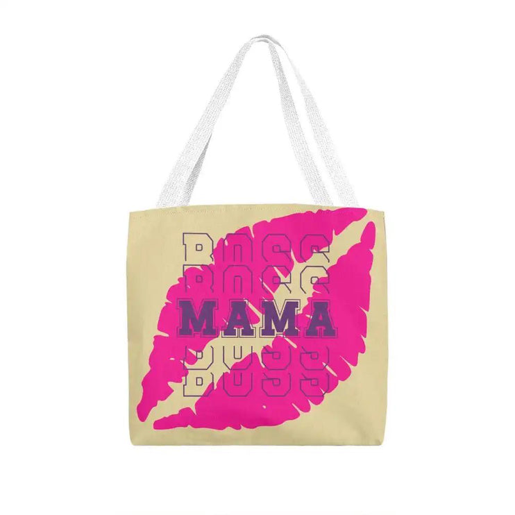 a classic tote bag on a white background with white straps.