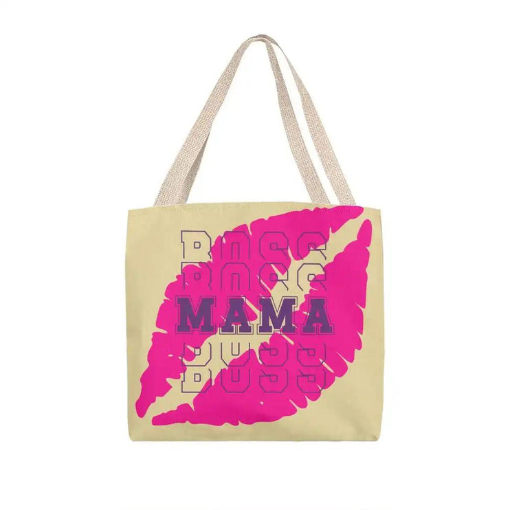 a classic tote bag on a white background with off-white straps.