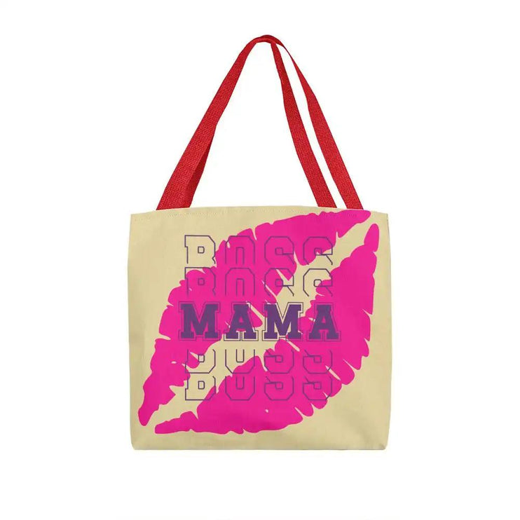 a classic tote bag on a white background with red straps.