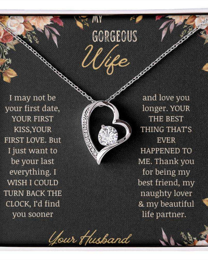 A white gold Forever Love Necklace on a to wife greeting card.