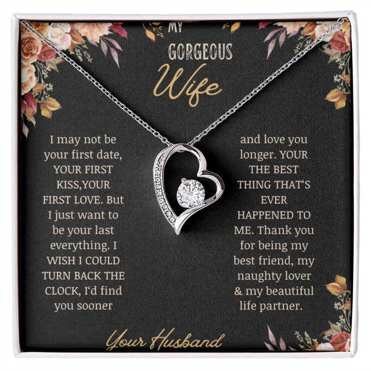 A white gold Forever Love Necklace on a to wife greeting card.