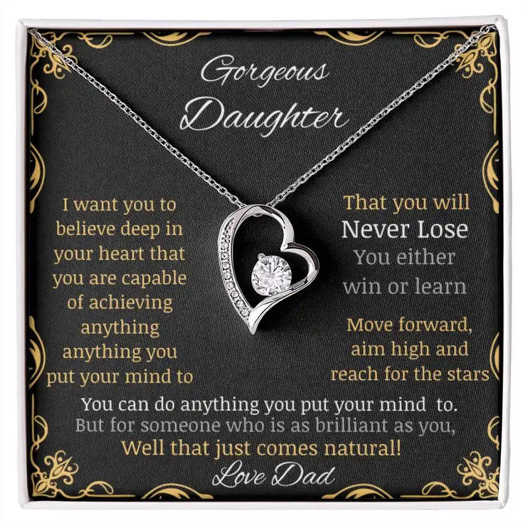 Forever Love Necklace with a white gold pendant in a two-tone box with a to daughter from dad greeting card angle close up