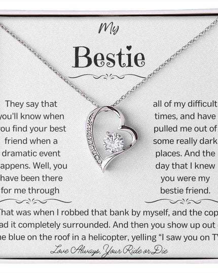 a white gold forever love necklace up close