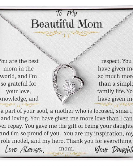 a white gold forever love necklace up close