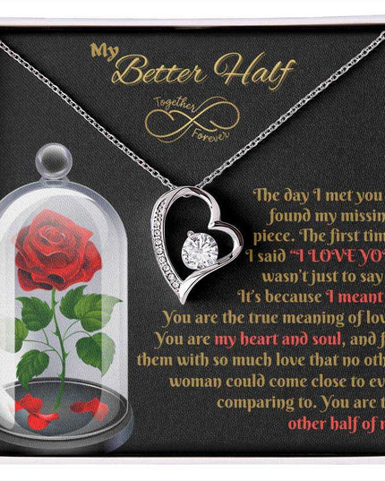 white gold forever love necklace in a soft box up close