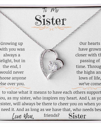 a white gold forever love necklace up close