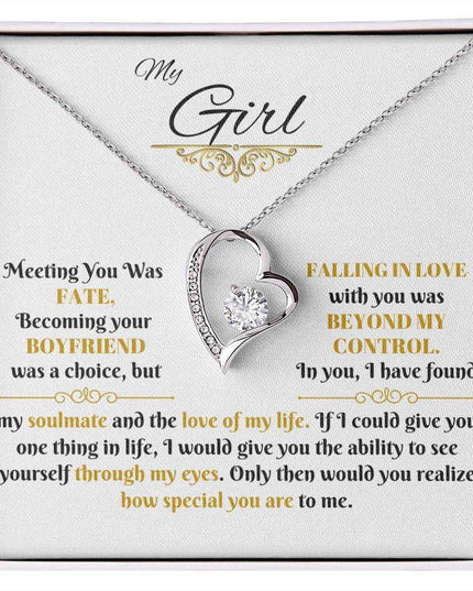 white gold forever love necklace in a soft box up close