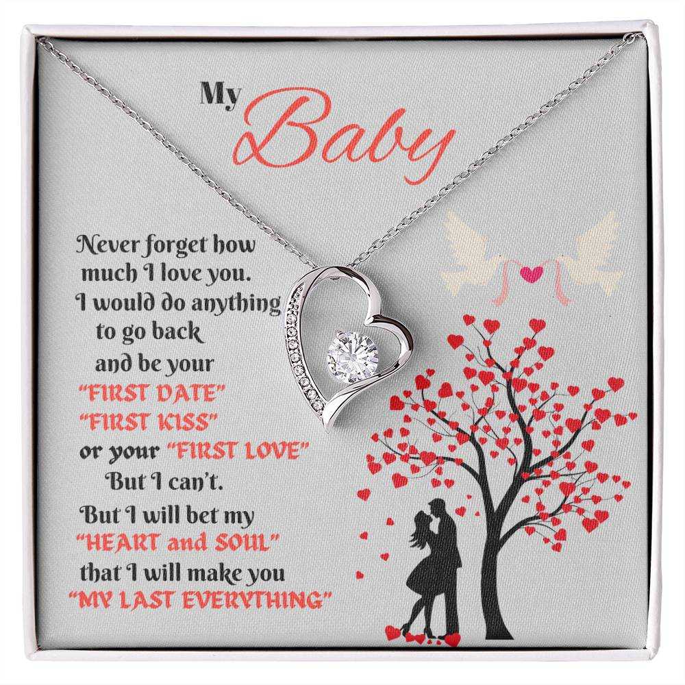 white gold forever love necklace in a soft box up close