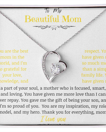 A white gold forever love necklace up close